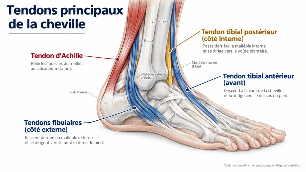 Schéma des zones douloureuses d’une tendinite de la cheville et des principaux tendons concernés