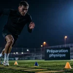 Exercices physiques football : sprints courts sur terrain, plots et échelle de rythme
