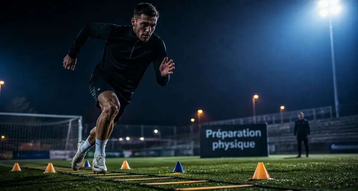 Exercices physiques football : sprints courts sur terrain, plots et échelle de rythme