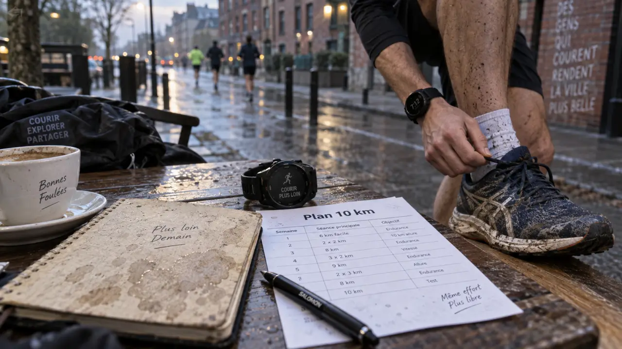 Plan d entrainement 10km : carnet, montre et coureur en préparation
