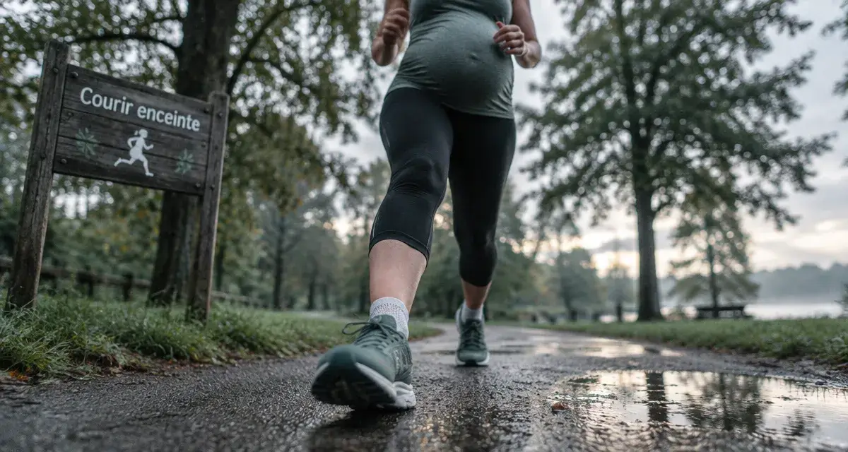 Course à pied et grossesse : femme enceinte en course légère sur chemin de parc