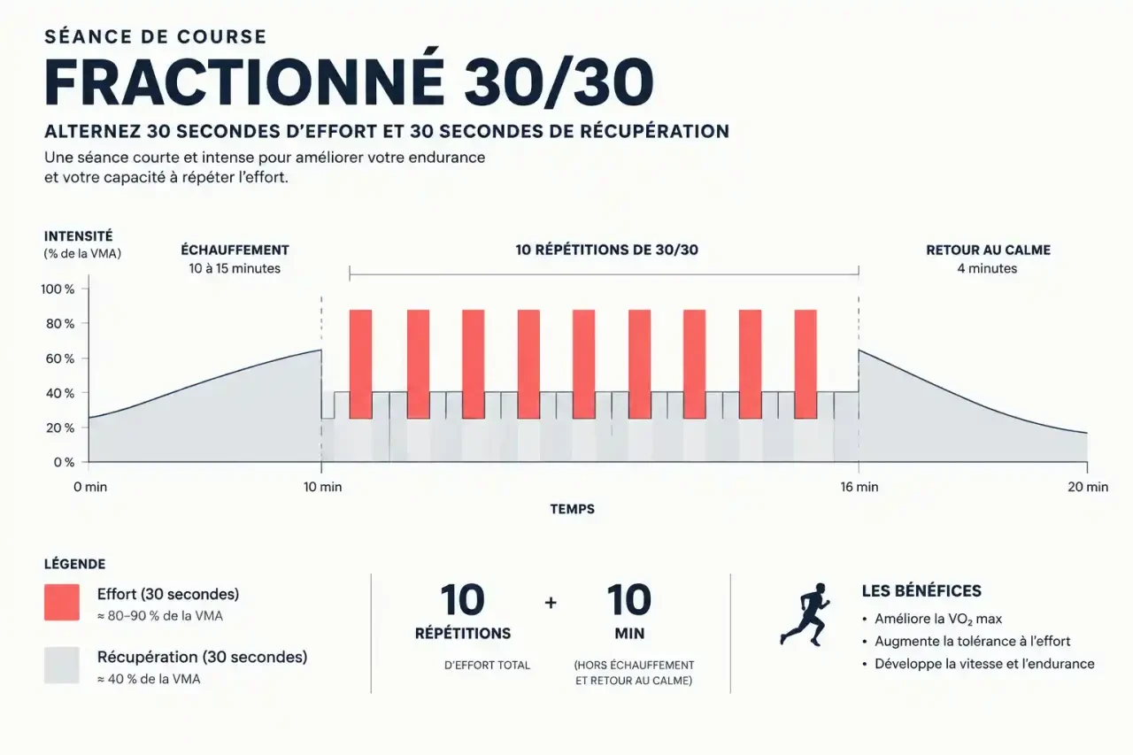 Schéma de la course fractionnée : alternance d'efforts rapides et de récupérations lors d'une séance 30/30