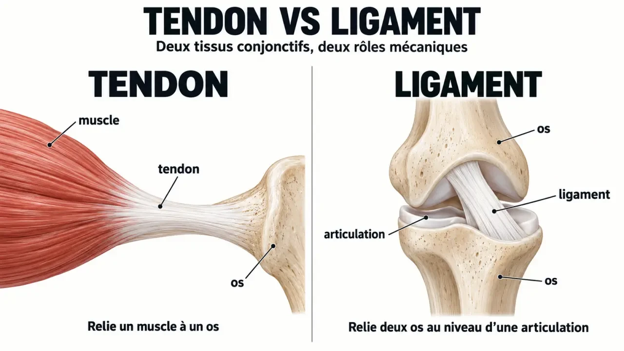 Infographie sur la différence entre tendon et ligament : muscle-os contre os-os