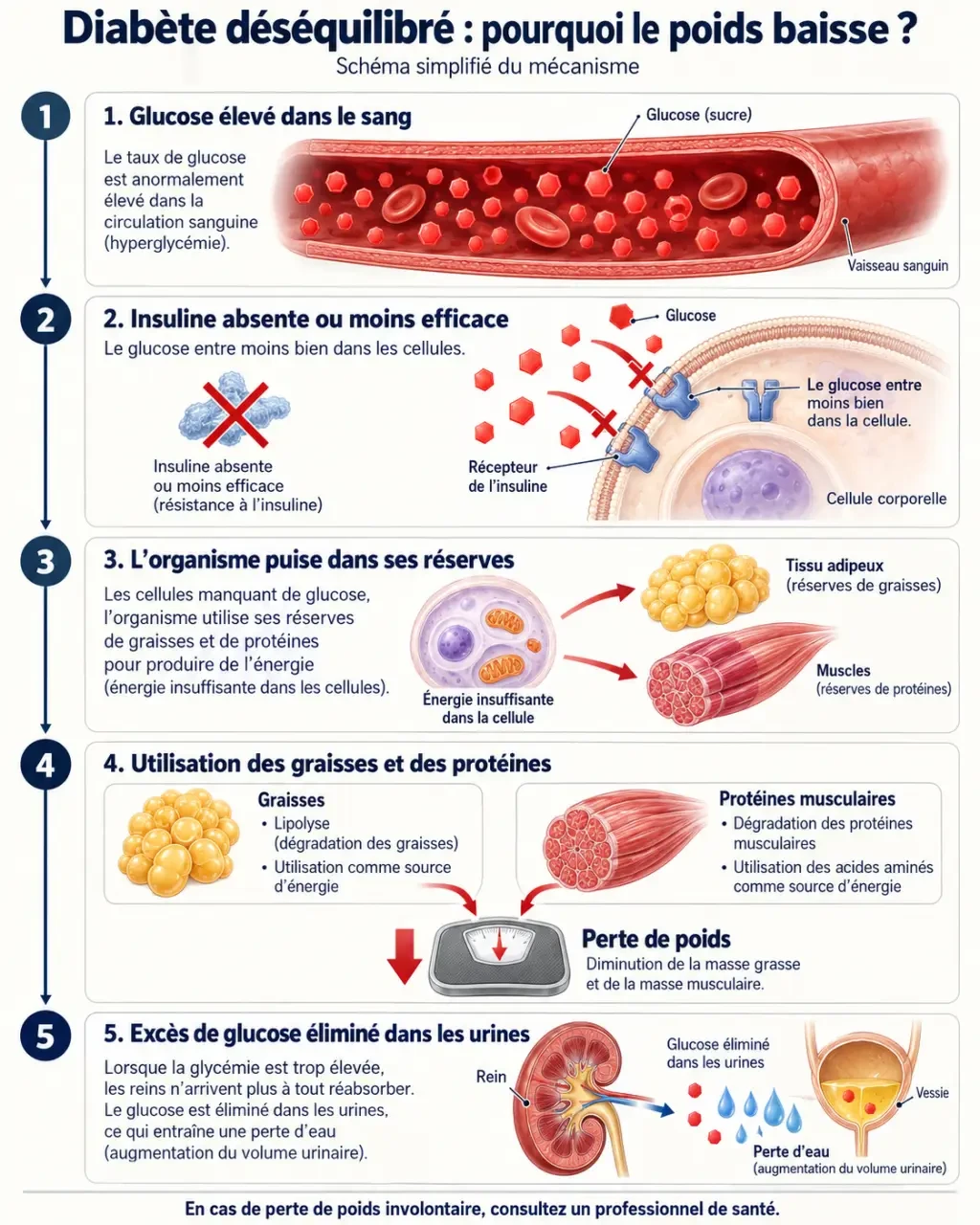 Perte de poid et diabete : schéma du rôle de l’insuline, du glucose et de la perte d’eau