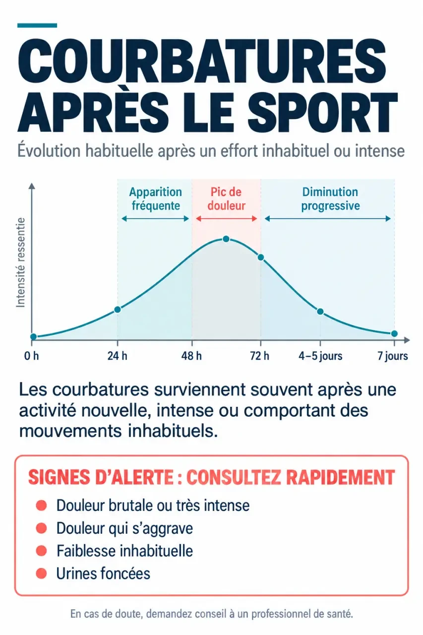 Infographie sur combien de temps durent les courbatures après le sport, avec leur évolution de 0 heure à 7 jours