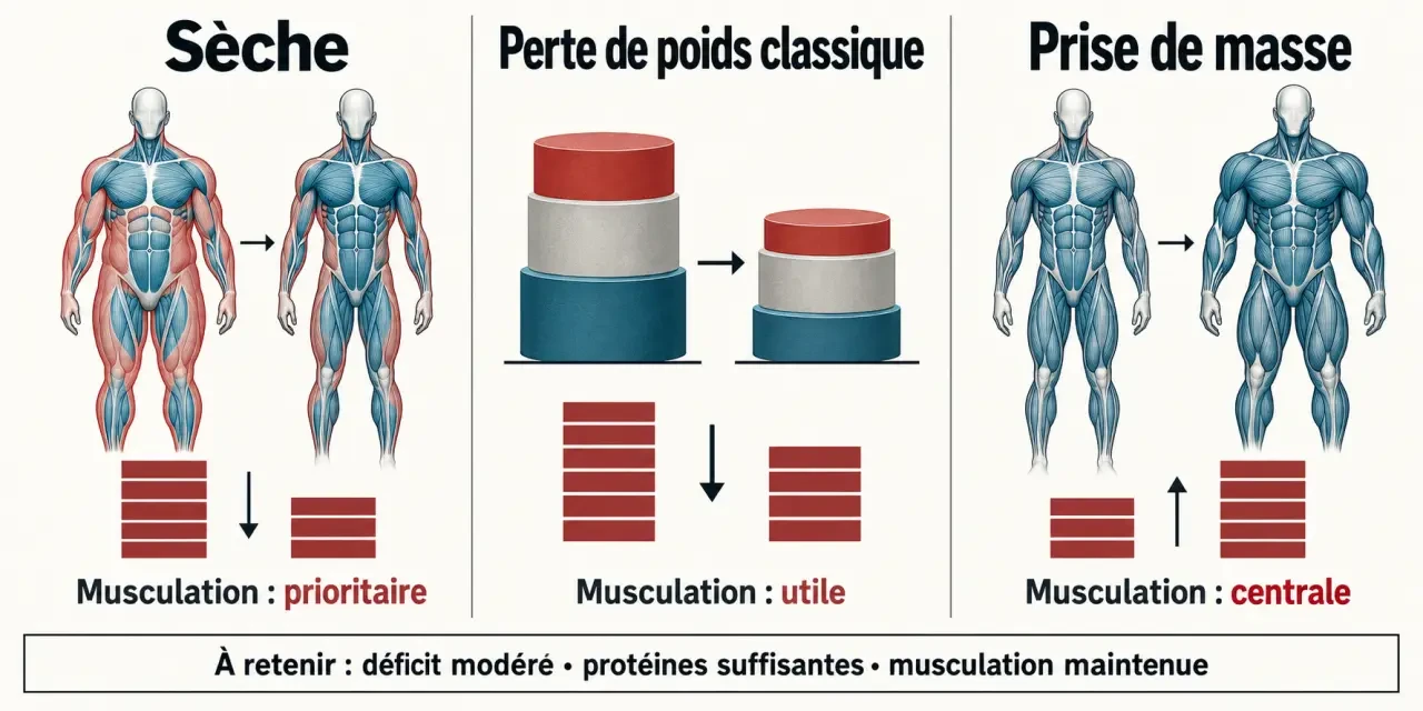 Régime sèche : comparaison visuelle entre sèche, perte de poids et prise de masse