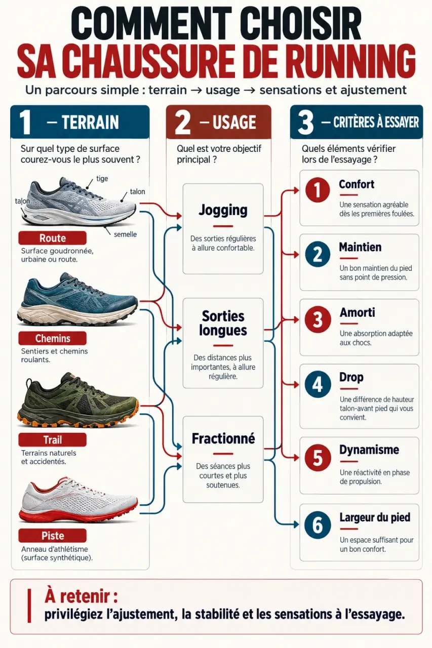 Infographie pour comprendre quelle chaussure de running choisir selon le terrain, l’usage et le confort
