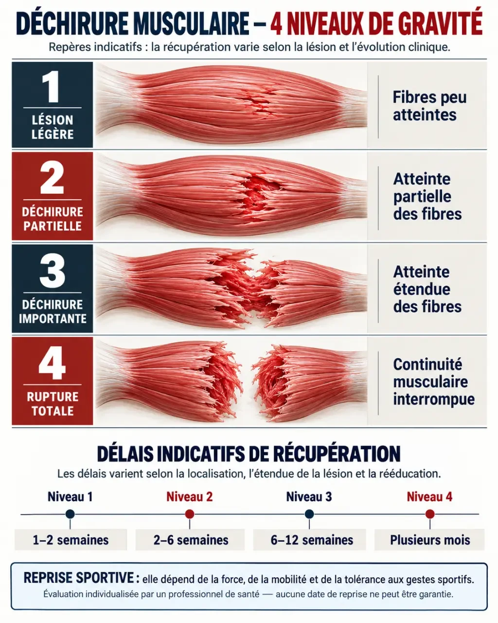 Infographie des délais indicatifs pour soigner une déchirure musculaire selon sa gravité