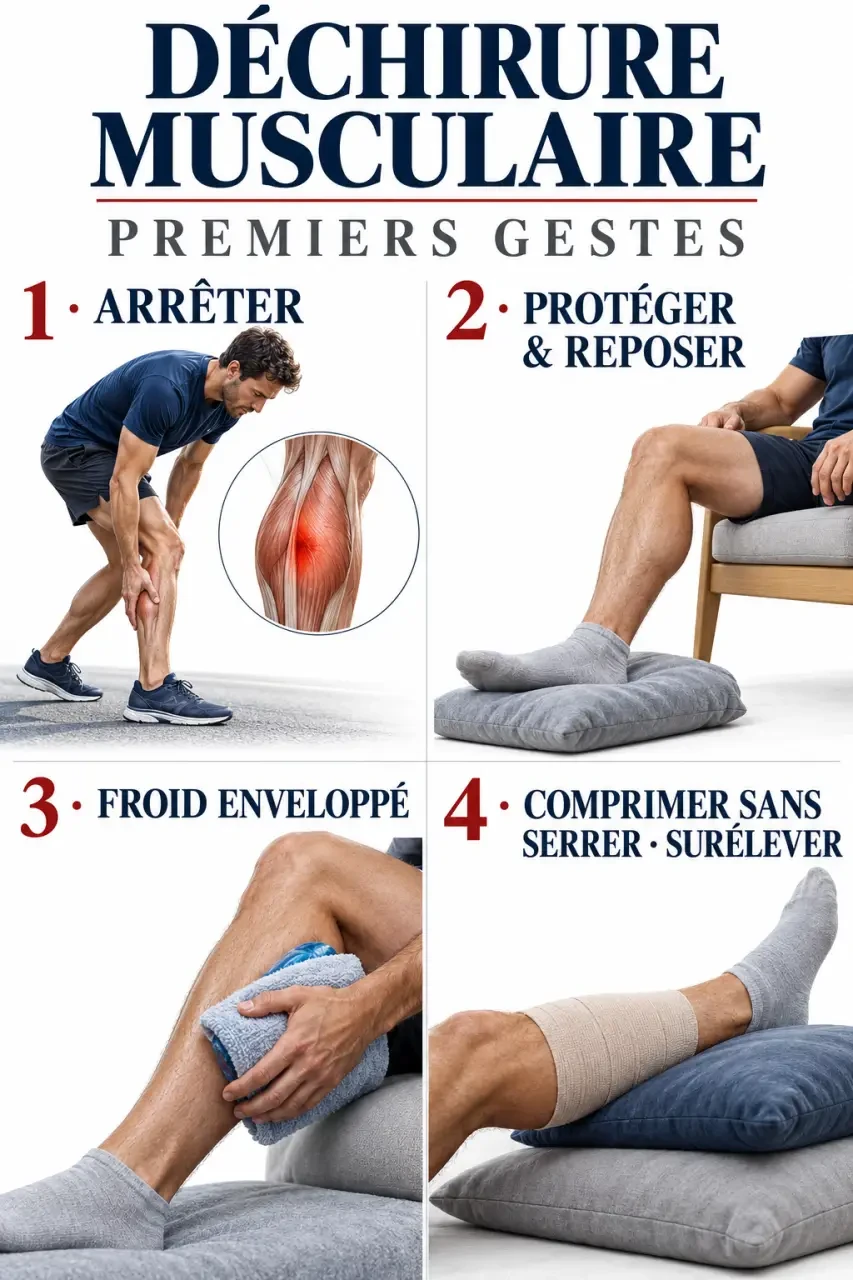 Étapes illustrées pour soigner une déchirure musculaire dans les premières heures