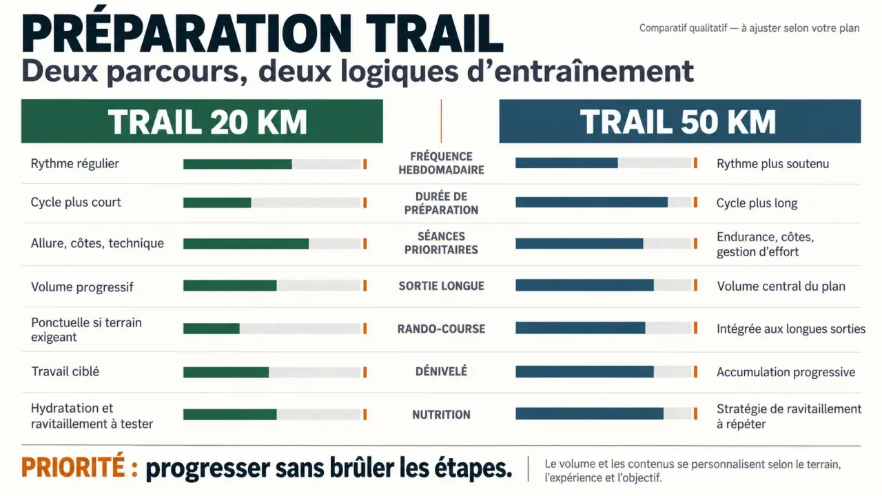 Infographie sur l'entraînement trail pour préparer un 20 km ou un 50 km