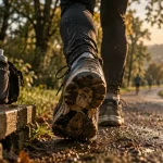 Sortie longue running au rythme : chaussures usées et gourde sur sentier