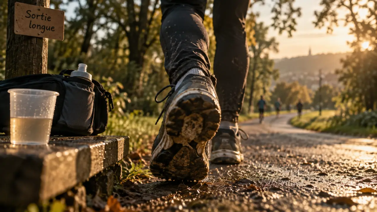 Sortie longue running au rythme : chaussures usées et gourde sur sentier